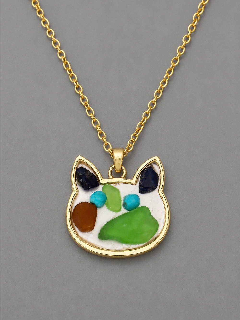 Handmade Cat Paw Pendant Necklace | Artisan Mosaic Glass | Gold Tone | 20” Chain